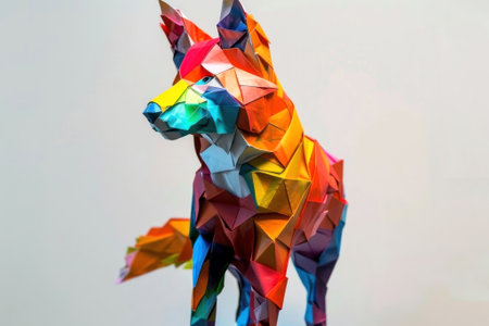Vivid origami fox with rainbow hues, showcasing stunning craftsmanship and color contrasts. Perfect for art lovers and creative inspiration. Generated A.I.の素材