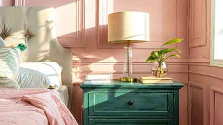 Chic pastel bedroom scene with a stylish lamp and plant, set against a soft pink paneled wall. The cozy vibes and natural light create an inviting atmosphere. Generated A.I.の素材