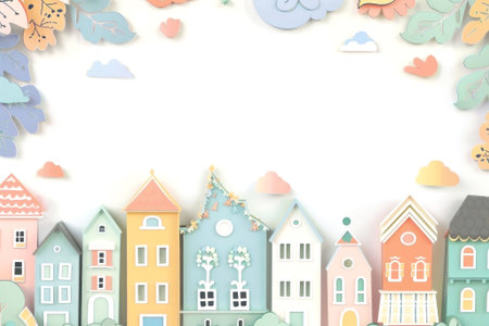 Pastel paper townscape with whimsical clouds and floral accents offers a playful, enchanting escape. Surround your thoughts with creativity and charm. Generated A.I.の素材