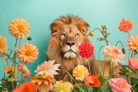 Regal lion amidst vibrant blooms, blending strength with nature elegance. A stunning fusion of wildlife and floral artistry that captivates the eye. Experience the majestic charm. Generated A.I.の素材
