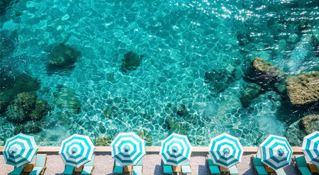 Turquoise umbrellas line a stunning clear turquoise sea, offering a perfect paradise escape with dreamy and refreshing vibes. Ideal for summer relaxation. Generated A.I.の素材