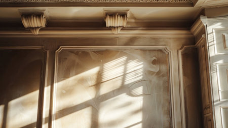 Elegant sunlight casts intricate shadows on an ornate wall, highlighting the textures and colors in a mesmerizing dance of light and shadow. Captivating and timeless. Generated A.I.の素材