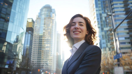 Empowered and confident in the urban jungle, a young professional beams with optimism, bathed in the golden glow of a bustling cityscape. Generated A.I.の素材
