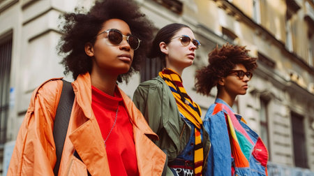 Three fashionable individuals exude confidence and style in urban chic wear and sunglasses. A display of trendy street fashion. Generated A.I.の素材