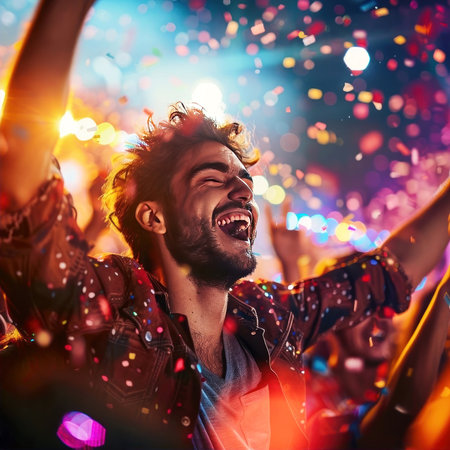 Celebrate life with joy and color in this vibrant party scene. A person is caught in a moment of pure happiness as they revel in the lively atmosphere. Generated A.I.の素材