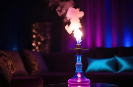 Experience a mesmerizing hookah session with vibrant neon lights and atmospheric smoke trails, creating the ultimate lounge vibe. Perfect for a chill night in or social events. Generated AI.の素材