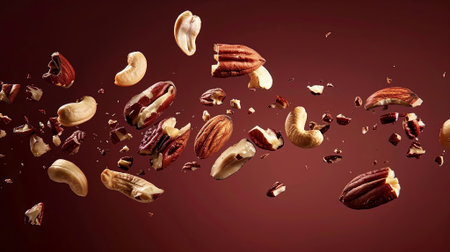 Experience a vibrant explosion of mixed nuts captured mid-air, set against a rich maroon backdrop. This captivating image showcases the beauty of nature's snacks in a dynamic, eye-catching composition. Generated A.I.の素材