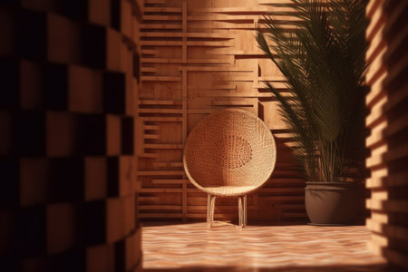 Capture the essence of tranquility in this sunlit space featuring a stylish wicker chair, wooden slats wall, and a lush potted plantの素材