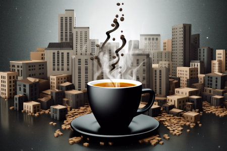 Sunrise in the cityscape with a striking cup of coffee, an evocative image blending urban architecture and the simplicity of a morning brewの素材