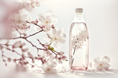 A mockup of a transparent bottle with mineral water and a flowering branch in the reflection of the liquid. Glass container in beautiful cherry blossoms. White background. Generated by AI.の素材