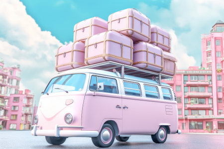 Retro pink minivan with colored suitcases on the roof trunk. Vintage car on a background of city with lush clouds. A miniature toy on a pink road. Generated by AI.の素材