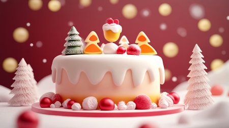 Indulge in a winter wonderland with this festive holiday cake, adorned with charming decorations and set against a magical snowy backdrop. Perfect for celebrating the season. Generated A.I.の素材