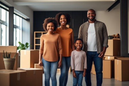 A cheerful family of four stands proudly in their new home surrounded by moving boxes, radiating happiness and a fresh start.の素材