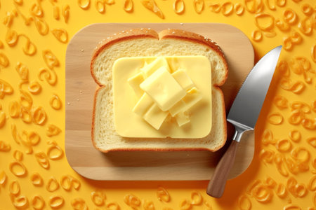 White toast bread with sesame seeds and slices of fresh butter on a wooden stand. A piece of bread and a knife on a bright yellow background. Generated by AI.の素材