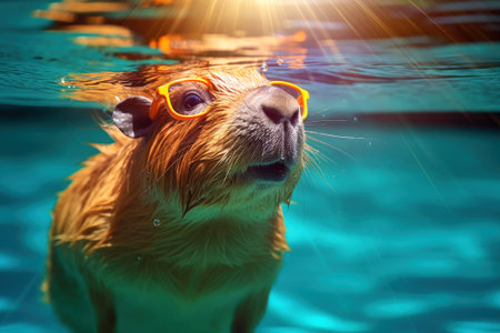 Cute capybara in swimming glasses swims in a pool with turquoise water. Funny rodent on the background of palm trees and a luxury hotel. Relax and vacations concept. Generated by AI.の素材