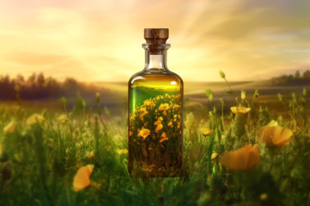 Dive into the essence of nature with this captivating image of a bottle encapsulating a lush, floral scenery against a dreamy sunset backdrop. Perfect for imagination's bloom.の素材