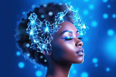Futuristic portrait of a woman with striking blue makeup and cybernetic headgear against an illuminated backdrop. visionary lookの素材