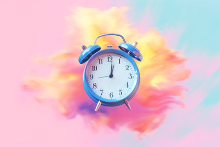 An old retro alarm clock with cracks in the paint on sky. Vintage watches with numerals are thrown and burn sky and clouds. The concept of running out of time, being late or deadline. Generative AI.の素材