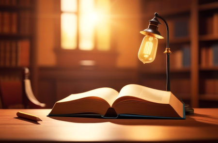 A study cozy setup featuring a glowing vintage lamp and an open book under the warm sunlight. Perfect for bibliophiles and vintage lovers. Generated A.I.の素材