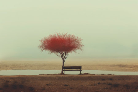 A lonely standing tree with orange foliage and empty wooden bench on meadow with brown grass and a gray rainy sky. Natural foggy autumn background. The concept of sadness and loneliness. Generative AIの素材