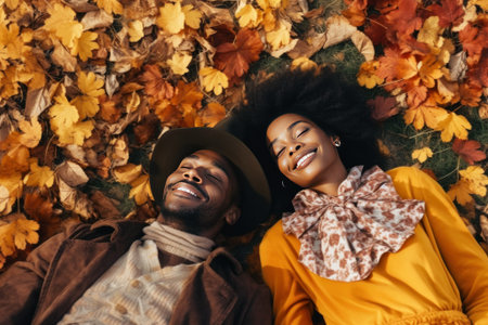 Happy married couple of Africans closed their eyes and lay on grass with yellow leaves. Attractive black man and woman in love in autumn casual clothes are enjoying the moment of life together. AI.の素材