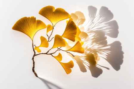 Beautiful floral laconic composition with a realistic twig and leaves of ginkgo biloba. Minimalist isolated white background. Generated by AI.の素材