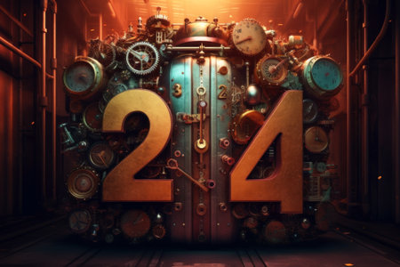 Digital illustration in steampunk style with figures of the new year 2024. Golden numbers 24 on the background of a mechanism with various gears, pipes, switches and measuring instruments. Generated by AI.の素材
