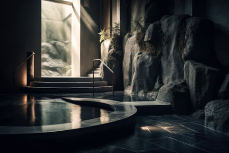 Futuristic modern interior of a spa hotel with a swimming pool. Stylish design of the room with sun beds, columns and round windows. Generated by AI.の素材