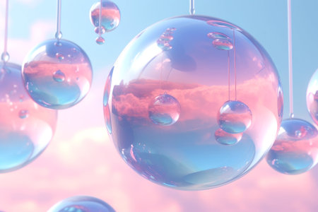 Futuristic composition of suspended glass pink and blue Christmas balls on a light background. Stylish decorations for the new year with sequins and sparkles. Generated by AI.の素材