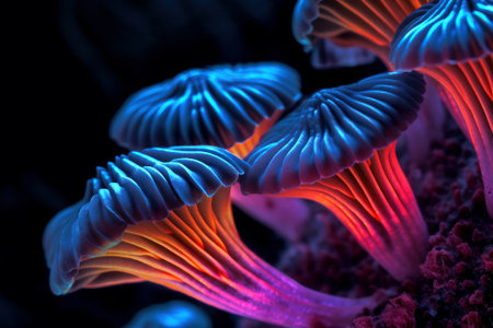 Extreme close up of mushrooms in the rays of the neon light. Macro photo of lamellar lower part of the mushroom. Part of the hymenophore with wavy plates. Golden abstract background. Generative AI.の素材