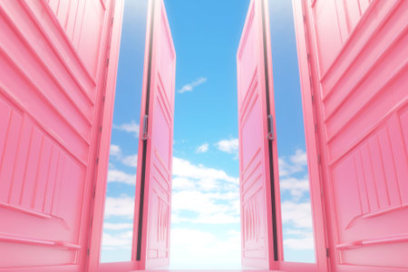 Futuristic illustration with pink open doors and blue sky with white fluffy clouds. The concept of choice and freedom. Generated by AI.の素材