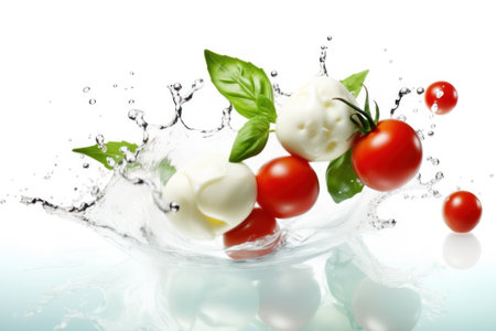 Fresh flying salad vegetables in drops and falling splashes of clean water. Realistic pieces of tomatoes, green lettuce leaves, cheese and clear liquid. Isolated on a white background. Generative ai.の素材