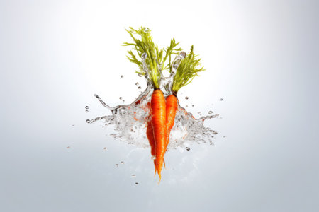 Fresh juicy carrots with tops in drops and falling splashes of clean water, isolated on a white background. Realistic soup vegetables and clear liquid. Generative ai.の素材