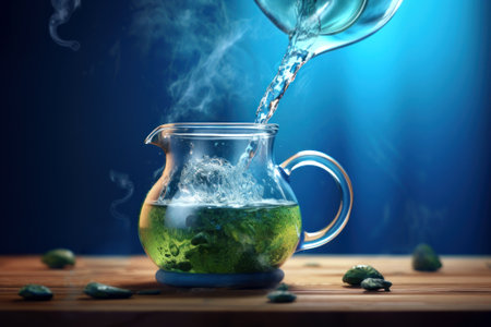 Transparent steaming teapot with flying mint and tea leaves on a wooden stand. Traditional tea ceremony A blue wall, cups on a shelf and a houseplant in the background. Generated by AI.の素材