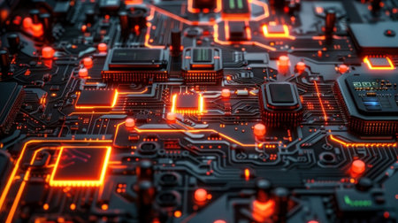 Dive into the digital realm with this high-tech circuit board design, featuring intricate electronic pathways illuminated by vibrant blue LED accents. Ideal for tech-themed projects. Generated A.I.の素材