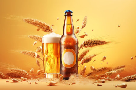 A mock-up of the glass beer bottle used as a design template. Empty label on drink product with glass and spikelets. Stylish yellow backdrop with flying grains. Wheat beer ads. Generative AI.の素材