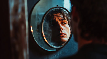 Male figure is looking into a round mirror, capturing a moment of reflection and self-discovery, with warm tones enhancing the emotional depth of the scene, AI generatedの素材