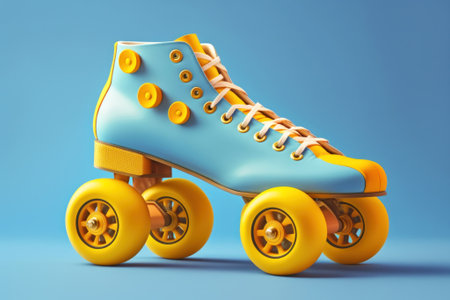 Stylish retro roller with metal base and rivets. Vintage shoes decorated with embroidery. Yellow and blue pastel background. Generated by AI.の素材