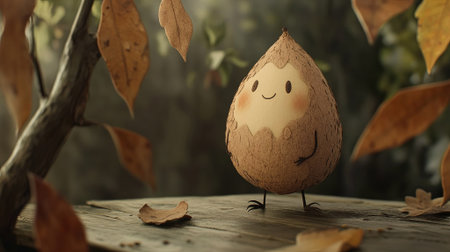 Whimsical cartoon character resembling a nut, stands on wooden surface with autumn leaves, creating a playful and enchanting scene in nature, AI generatedの素材