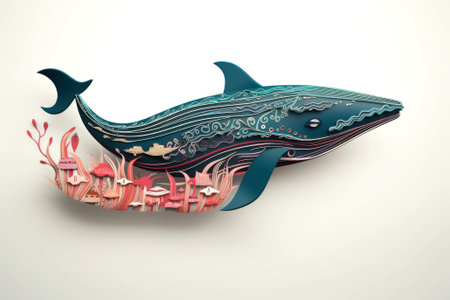 Ocean composition in a beautiful paper cut style design. Abstract blue background with whale and waves. Wonderful elegant curls and patterns. Created using generative AI.の素材