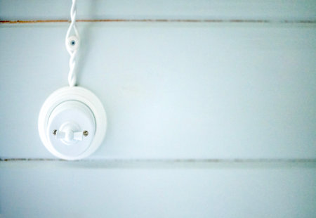 Light switch in white color is affixed to a pale blue wooden wall, creating a calming ambiance with a focus on simplicity and modern interior designの写真素材
