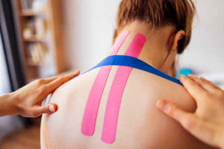 Athletic woman is receiving kinesiology tape treatment on her back, with colorful tape applied, in a bright therapy room, highlighting health and recoveryの写真素材