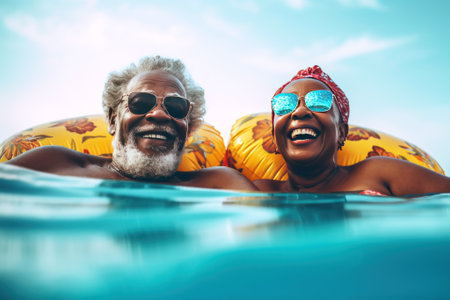 Elderly black laughing couple swimming in outdoor pool. Mature African Americans smile at each other and enjoy vacation together. Beautiful sunset with palm trees. Generated aiの素材