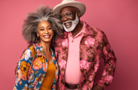 Stylish mature afro american married couple in sunglasses and fashionable pink clothes. Attractive middle-aged woman and gray-bearded man. Pink isolated background. Generated by AI.の素材