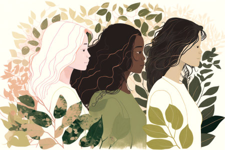 Graphic female portrait of three attractive women of mixed races. Charming girls in profile of different nationalities and skin color are decorated with leaves. Digital illustration. Generated by AI.の素材