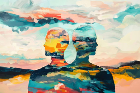 Two abstract, colorful human silhouettes against a dynamic pastel background. A vibrant portrayal of connection and duality. Generated AIの素材