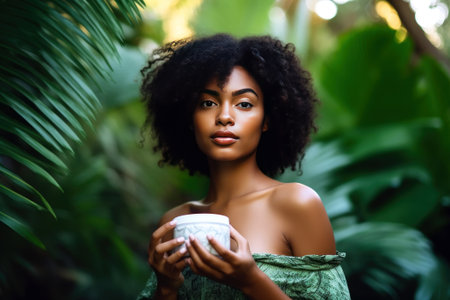 Young beautiful African-American girl stands with a white jar of cream among green fresh leaves. A young smiling charming woman in a white dress on a background of tropical plants. Generated AI.の素材