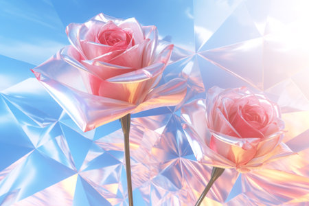 Floral composition with beautiful crystal roses. Two pink translucent flowers against the sky. Futuristic background. Generated by AI.の素材