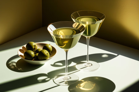 Two martini glasses with an elegant pattern with an alcoholic drink. Large delicious green olives and a beautiful vase on the background. Generated by AI.の素材