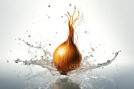 Dive into freshness with this high-resolution photo capturing the dynamic splash around a submerged onion. Perfect for creative projectsの素材